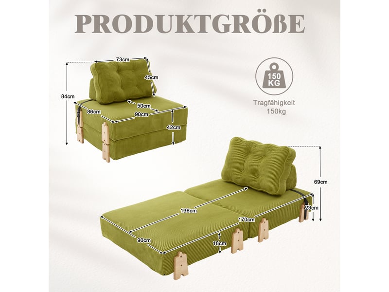  Fauteuil convertible lit single design scandinave cord vert olive structure bois massif 90x86x84cm  - Conforama C