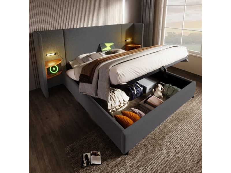 Lit double 160x200cm tissu lin gris - tête de lit multifonction (lampe, usb-c, tablettes), matelas inclus. - Conforama W