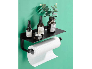 Porte-essuie-tout avec étagère, montage mural, adapté au rangement de la cuisine et de la salle de bain, noir (33 x 8,5 x 8,2 cm)