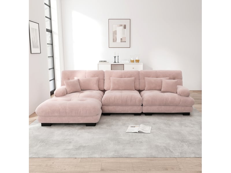  Canapé d'angle modulable modenvie 3 places convertible 313 x 145 cm en chenille rose avec ottomans mobiles  - Conforama E