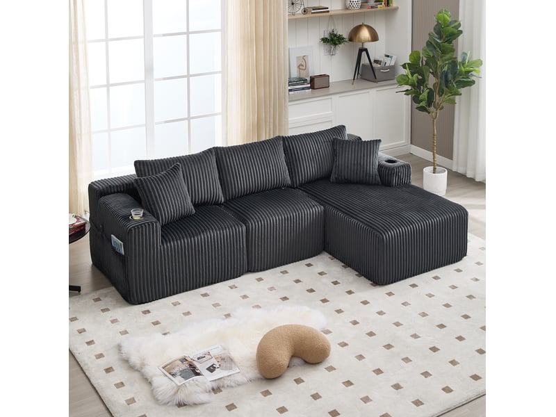  Canapé modulable 3 places avec méridienne en velours côtelé gris  - Conforama D