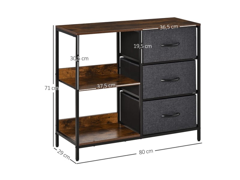  Commode étroite en tissu 3 tiroirs pliables + 2 étagères, lin gris et marron rustique, mdf et métal, 80x29x71 cm 831-407CG - Conforama E