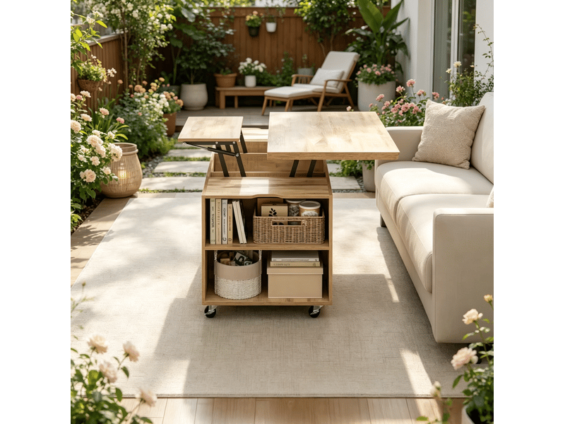  Table basse relevable tcqpz 50,5 x 100 x 53 cm avec roulettes verrouillables, rangement intégré, bois et métal, chêne clair  - Conforama D