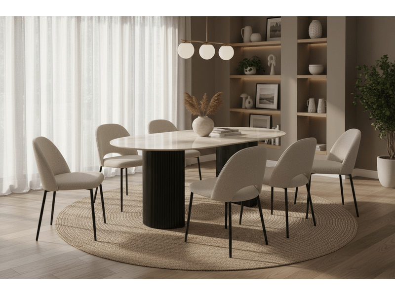  Table à manger céramique travertin brillant métal noir 180 cm 6-8 personnes – anna  - Conforama E