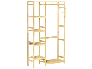 Portant à vêtements bambou penderie porte-manteaux avec étagères, tringle et 2 patères - dim. 90l x 30p x 155h cm