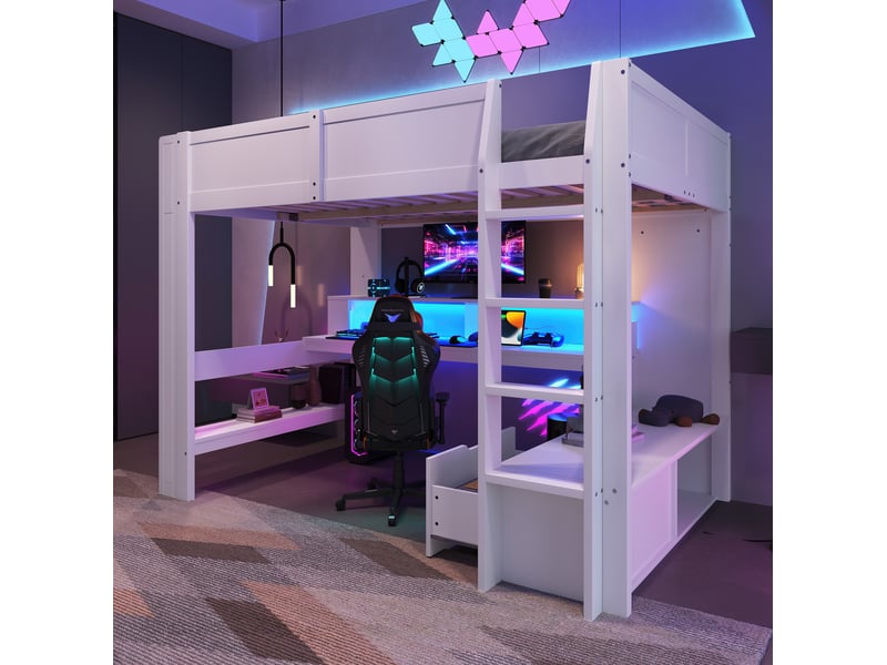 Lit mezzanine 140x200 cm avec bureau, led et rangements, coloris blanc  - Conforama B