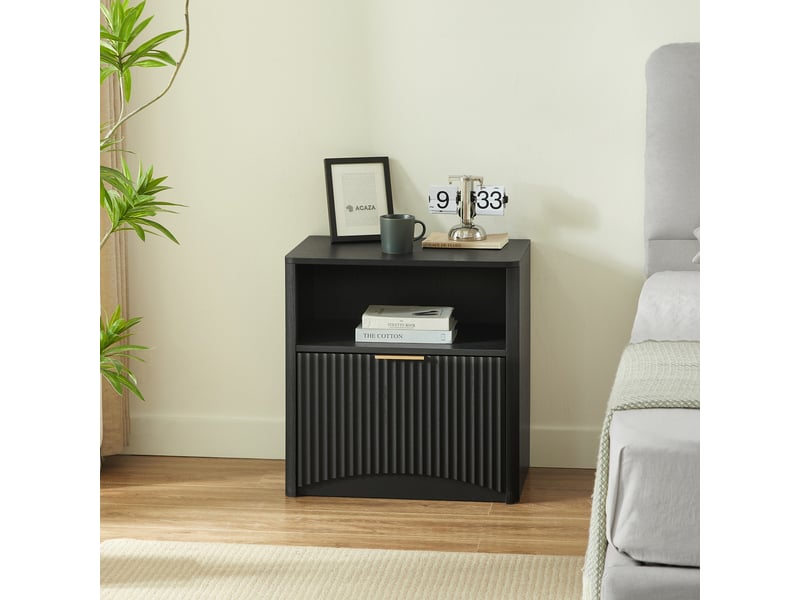  Table de chevet 58x38x60 cm – 1 grand tiroir cannelé &amp; 1 niche – style scandinave &amp; rétro chic - bois - noir  - Conforama D