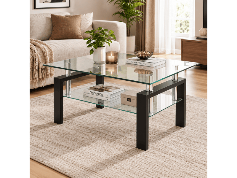 Table basse 100x60x44 cm en verre trempé et métal avec étagère transparente chicfurn - Conforama B
