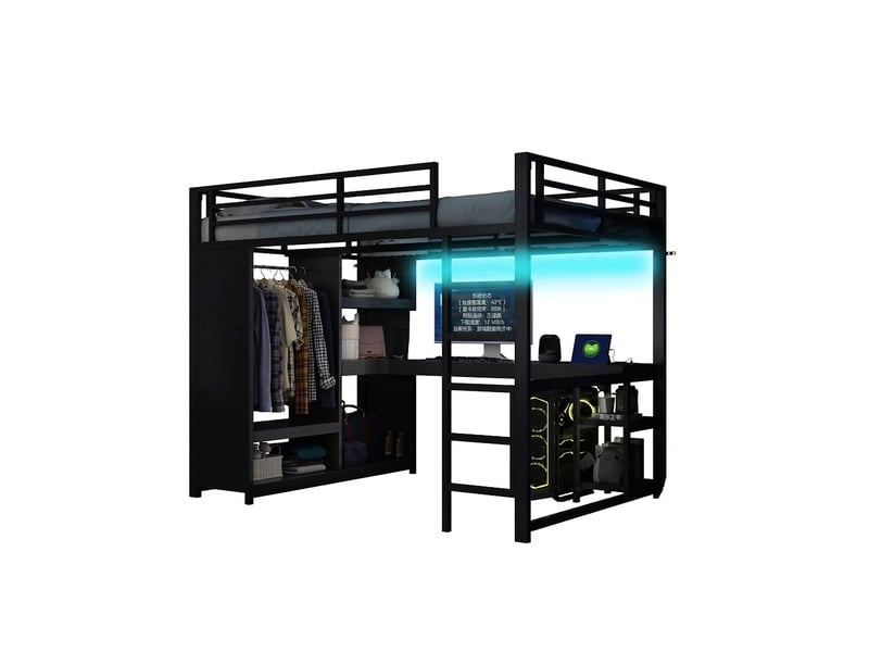  Lit mezzanine 140x200 avec bureau et penderie ouverte, lit gamer avec led, métal noir  - Conforama A