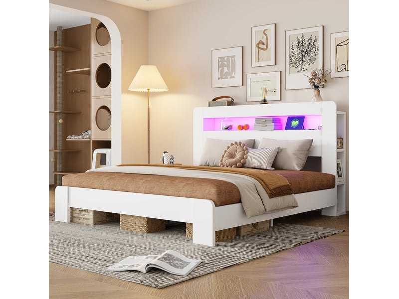  Lit double 180x200 cm en bois avec rangement, led et prises intégrées, blanc  - Conforama D