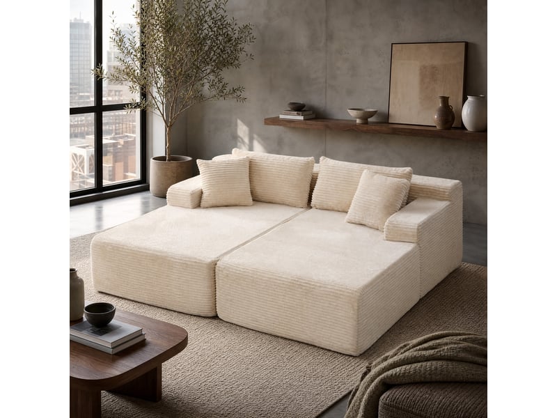 Canapé modulaire 2 places en chenille ivoire avec méridienne - Conforama B
