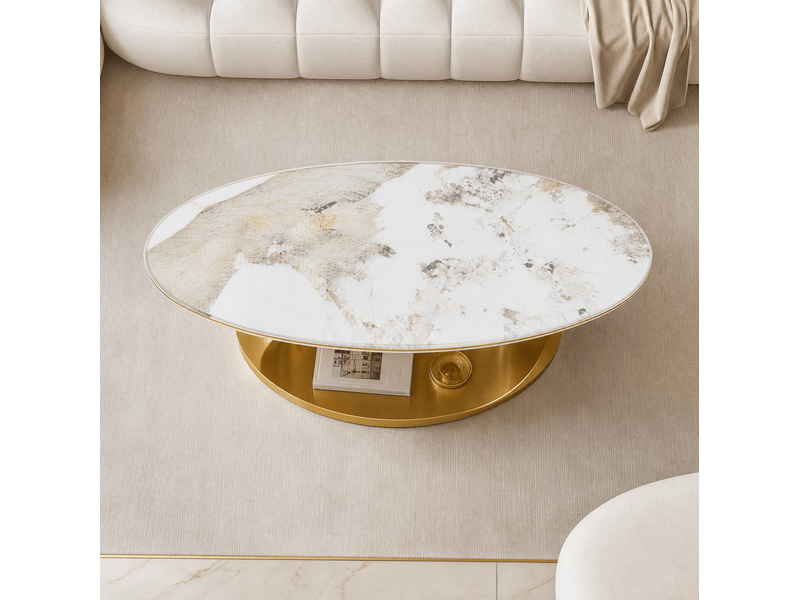  Table basse ovale 120x67x41 cm plateau aspect marbre blanc et structure en métal doré, pour salon, au design élégant  - Conforama D