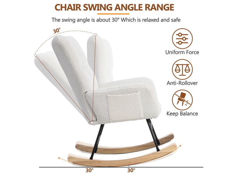  Fauteuil à bascule relax - 94x64x92 cm - avec repose-pieds en tissu bouclé pieds bois et métal - blanc  - Conforama C