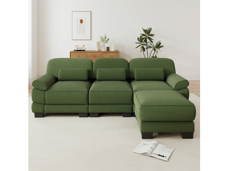  Canapé d'angle modulaire tcqpz 3 places avec pouf 265 x 161 x 94 cm velours côtelé vert  - Conforama B