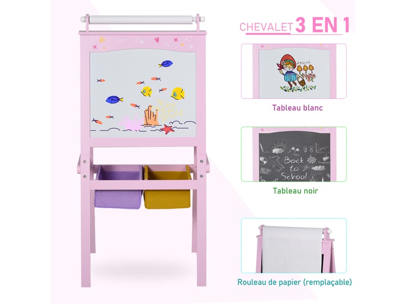  3 en 1 tableau enfant - chevalet enfant - ardoise double face - tableau blanc tableau à craie - rouleau papier avec accessoires + paniers rangement intégrés - mdf rose  - Conforama E