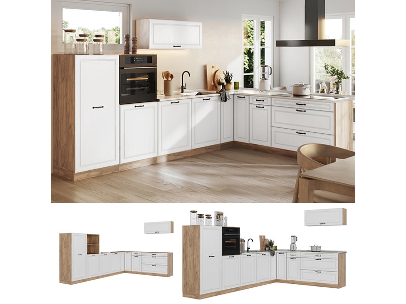  Vicco cuisine en angle, blanc campagnechêne doré, 327 x cm sans plan de travail  - Conforama D