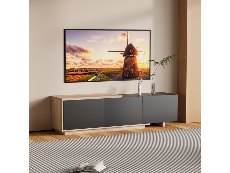  Meuble tv extensible - 163-240 x 38 x 44 cm-noir et bois - avec éclairage led tricolore et prise usb  - Conforama D