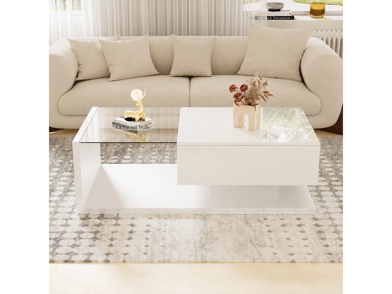  Table basse blanche brillante avec plateau en verre trempé et éclairage led, 105 x 55 cm  - Conforama E