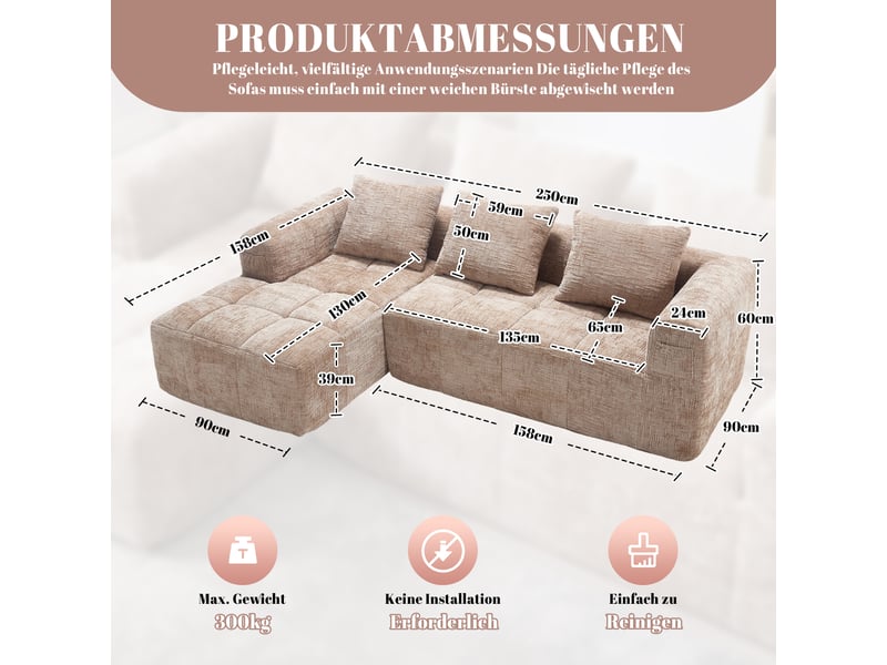 Canapé 3 places en chenille kaki avec méridienne et 3 coussins, sans montage - Conforama C