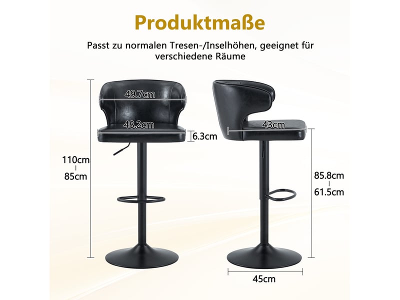  Tabouret de bar pivotant avec hauteur réglable, dossier ergonomique et repose-pieds en pu noir  - Conforama D
