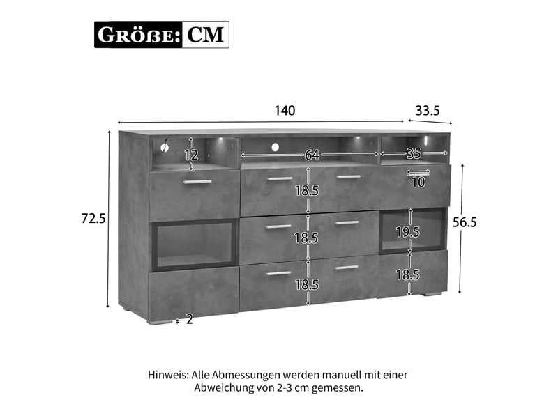  Buffet, 140 cm, led, portes acrylique transparent, 2 portes, 3 tiroirs, gris  - Conforama E