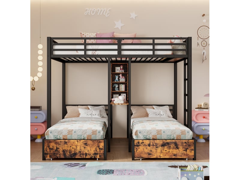  Lit superposé 3 couchages 140x200 cm et 90x200 cm avec rangements noir  - Conforama E