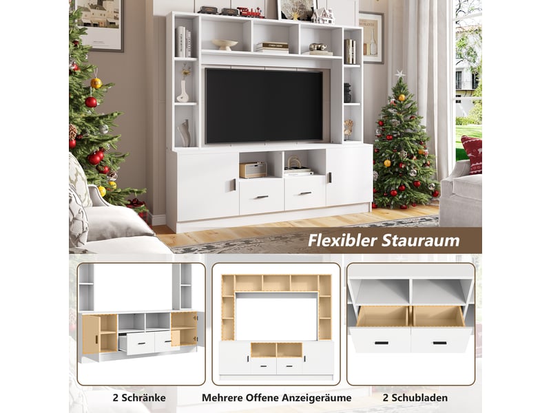  Ensemble meuble tv mural 180 x 35 x 170 cm – 2 placards, 2 tiroirs et 11 espaces de rangement – jusqu’à 60 pouces – blanc  - Conforama D