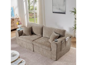 Canapé 2 places, canapé de salon, en tissu chenille, marron, poches latérales, adapté à l'espace de vie, porte-gobelets