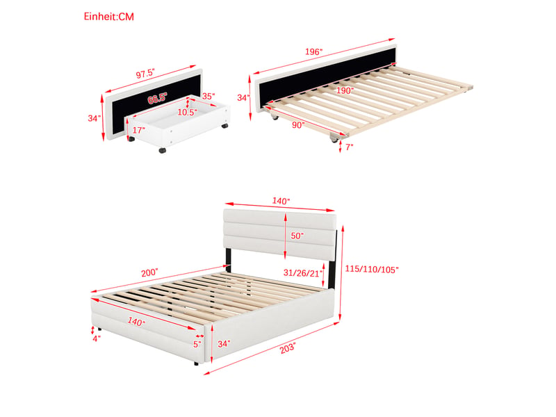  Lit gigogne 140 × 200 cm et 90 × 190 cm 2 places avec 2 tiroirs, sans matelas, en tissu de lin, beige  - Conforama D