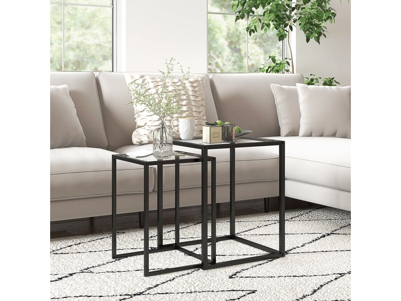  Lot de 2 tables basse gigogne, tables d'appoint empilable, plateau verre trempé cadre acier, noir, patins antidérapants  - Conforama W