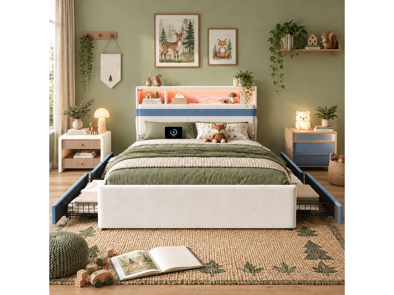 Lit coffre 140x200 cm avec 4 tiroirs, velours blanc, led, prise usb, poches latérales et tête de lit fonctionnelle - bleu - Conforama B