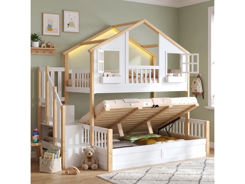 Lit superposé 90x200 cm + 140x200 cm avec led, lit cabane, blanc + bois naturel, lit simple en bois massif à sommier hydraulique - Conforama W