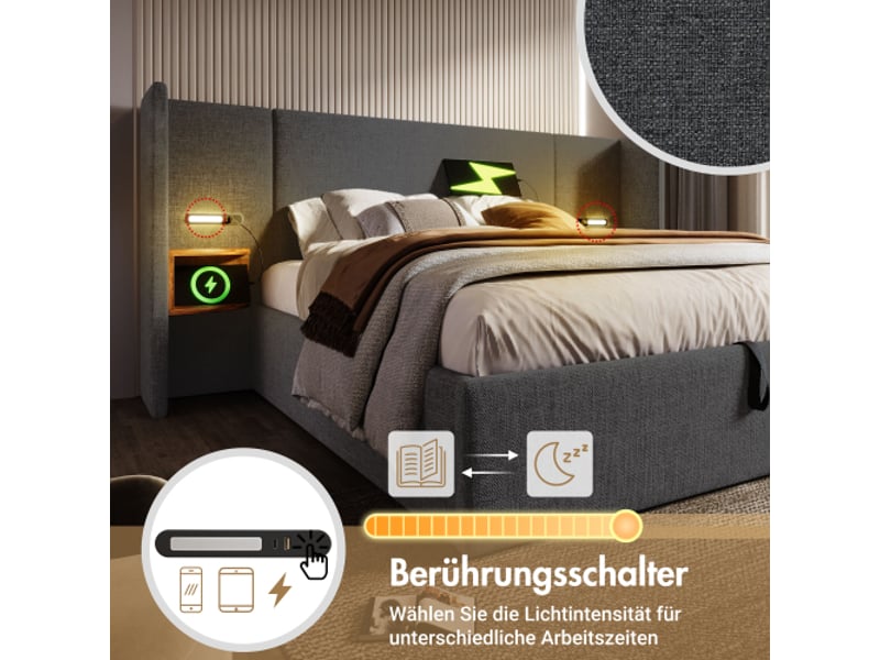 Lit coffre 160x200 cm avec chevet intégré, lampe tactile, usb-c et rangement - Conforama D