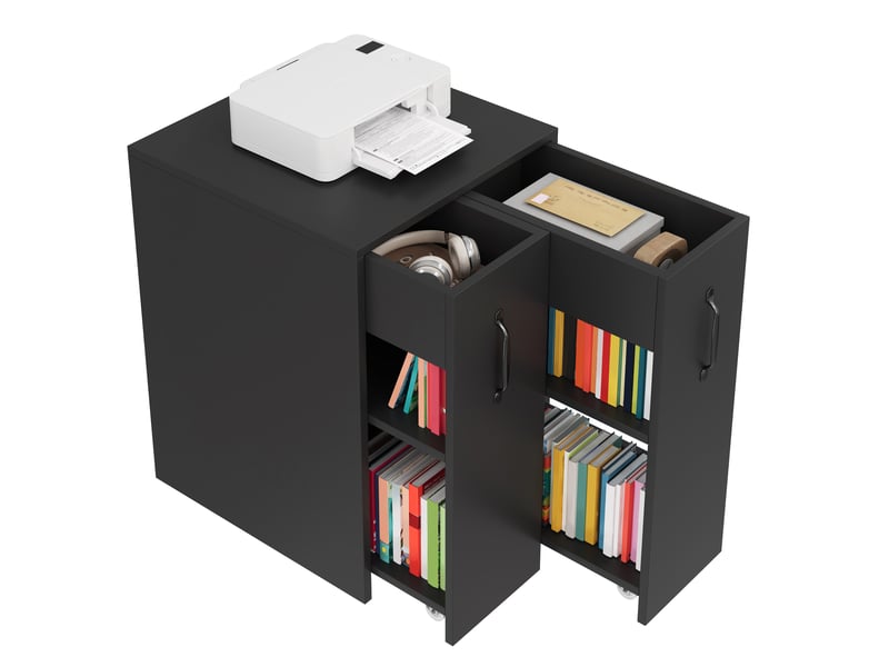  Bibliothèque à roulettes noire, meuble de rangement mobile pour bureau avec tiroirs extensibles, configuration réversible, 52x50x75cm.  - Conforama R