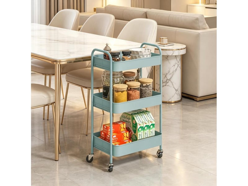 Desserte roulante 45 x 30,6 x 79 cm – bleu clair – 3 plateaux ouverts en acier, 4 roulettes et 2 freins - Conforama B