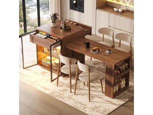 Îlot de cuisine extensible 122-194,5 x 70 x 94 cm, table à manger de cuisine, placard 2 portes, tiroir, étagère, led via application, port usb, brun foncé