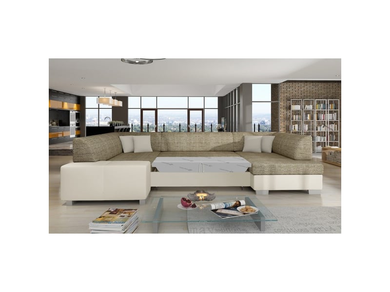  Canapé panoramique en u beige convertible 6 places havane mécanisme dauphin  - Conforama D