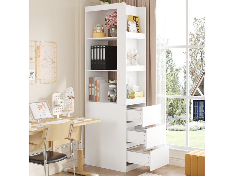  Bibliothèque vitrine étroite 60x40x200cm avec 3 niches ouvertes et 3 tiroirs, meuble de rangement haut réversible, anti-basculement, blanc OPULERANE TRADING LTD - Conforama B