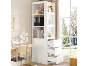 Bibliothèque vitrine étroite 60x40x200cm avec 3 niches ouvertes et 3 tiroirs, meuble de rangement haut réversible, anti-basculement, blanc