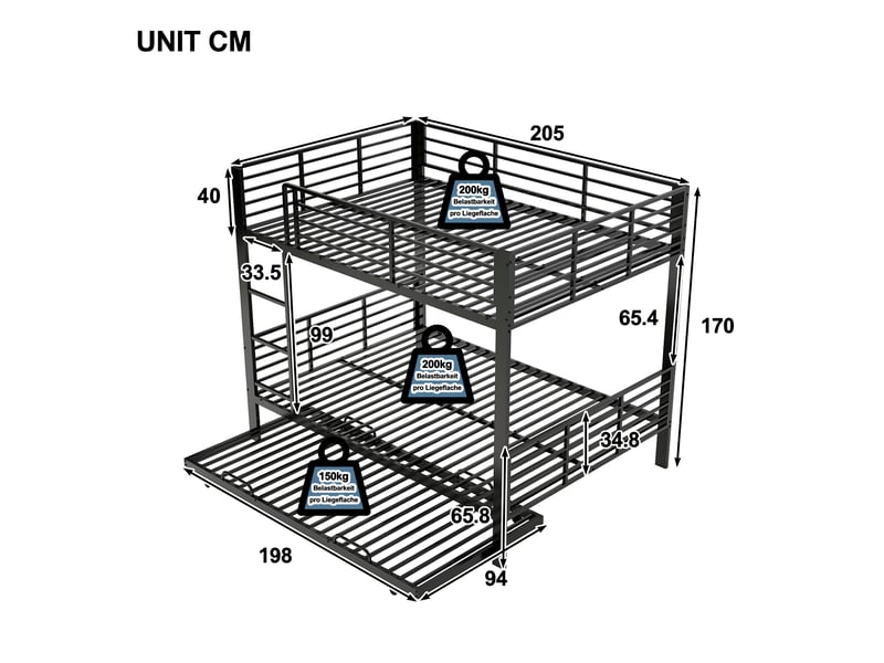  Lit superposé enfant 140x200 cm avec lit gigogne, 3 couchages, rangement gain de place, barrière de sécurité, structure métallique, noir Radiant Stride - Conforama C