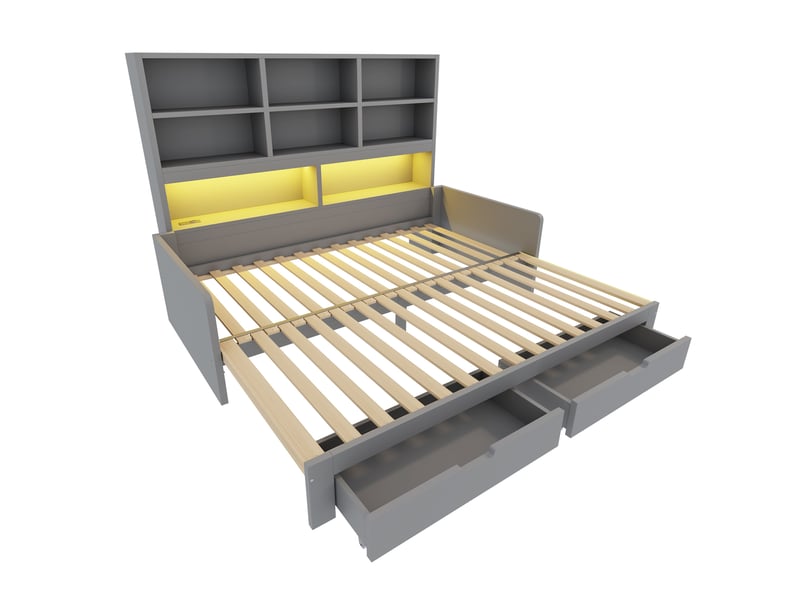 Lit banquette 90x200 cm extensible 180 cm avec rangement led et prises, mdf gris, sans matelas - Conforama R
