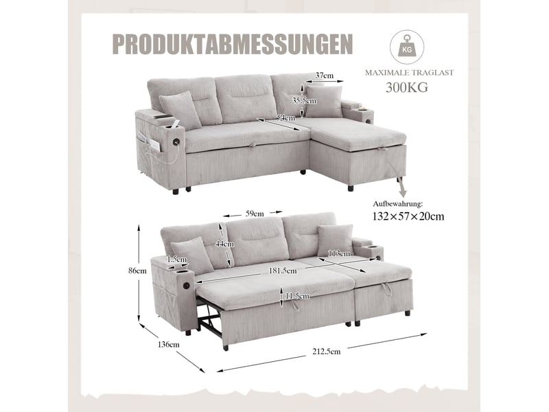  Canapé 3 places modenvie avec chaise longue hydraulique, lit tiroir 2 personnes, rangement, porte-gobelets et usb-c, velours côtelé gris clair 212,5 x 136 x 86 cm  - Conforama C