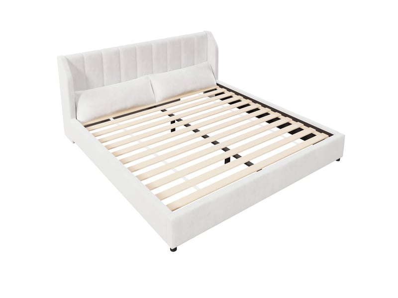  Lit rembourré beige 180x200 cm en velours, 2 coussins inclus, tête de lit à surpiqûres verticales et sommier à lattes en bois  - Conforama D