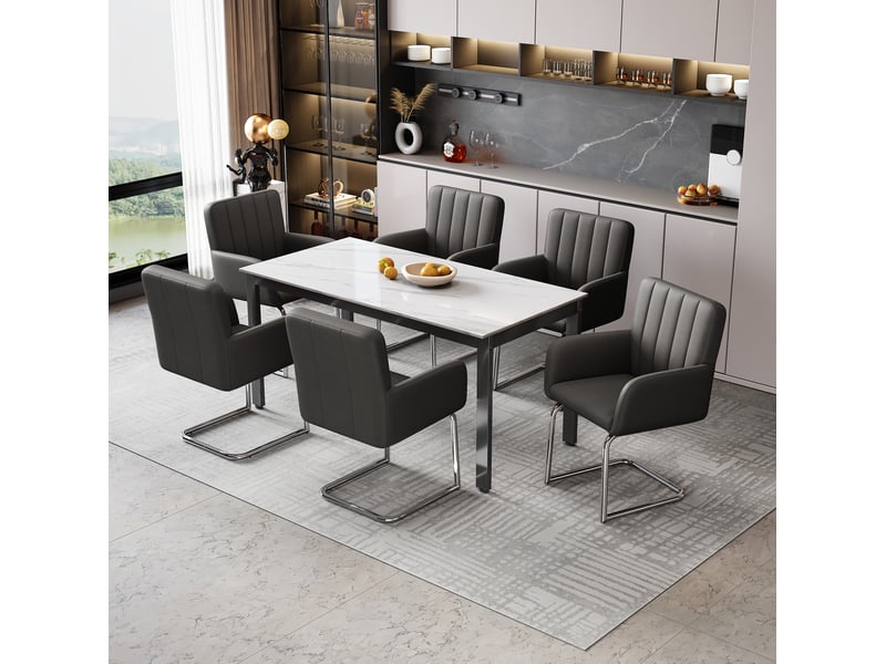  Lot de 4 chaises de salle à manger avec accoudoirs, similicuir noir et pieds en métal  - Conforama C