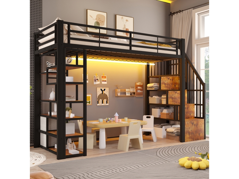  Lit mezzanine enfant 90x200cm avec tiroirs en tissu et espace sous le lit, led, étagère, marches intégrées et barrière, métal noir evarich - Conforama E
