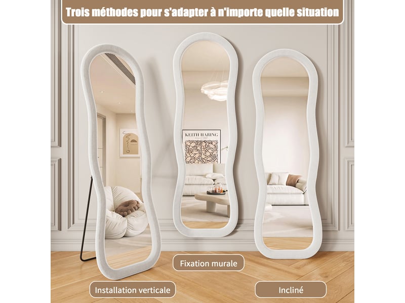 Miroir sur pied 160x50 cm blanc,miroir décoratif ,ondulé irrégulier,grand miroir mural avec cadre en flanelle,verre trempé - Conforama W