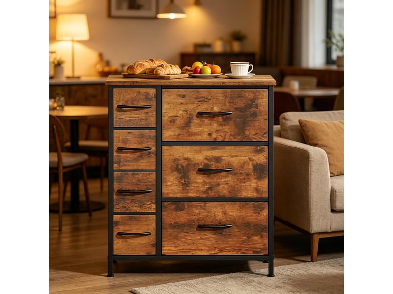  Commode de rangement 7 tiroirs en tissu - lpospi - structure métal, plateau bois, style vintage - marron rustique  - Conforama C