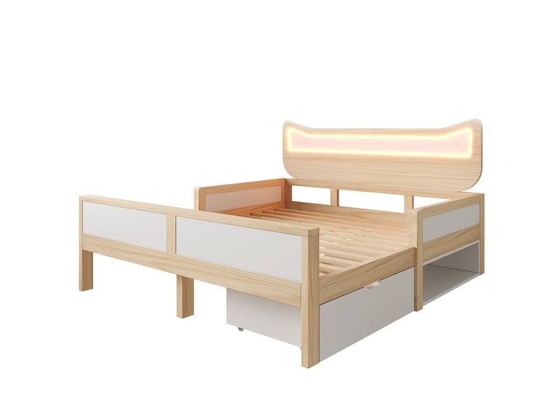  Lit enfant 140x200 tête de lit oreilles de chat avec éclairage led rgb, lit 140x200 coloris blanc et chêne avec sommier  - Conforama W