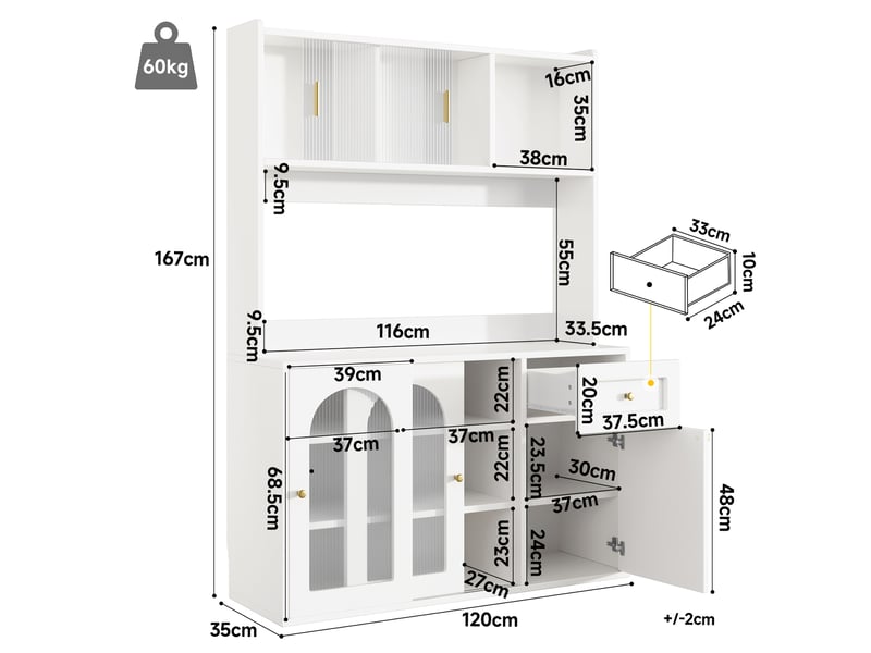  Buffet haut blanc 120 x 40 x 180 cm, vitrine + led + étagères réglables – rangement  - Conforama C