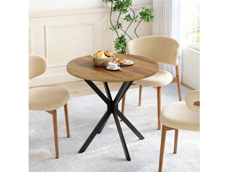  Elvmi table ronde style campagne pour 2 personnes plateau aspect chene retro brun pieds croises noirs en acier stable avec pieds reglables pour cuisine salle a manger salon et bureau a domicile 80 x 80 x 75 cm  - Conforama E